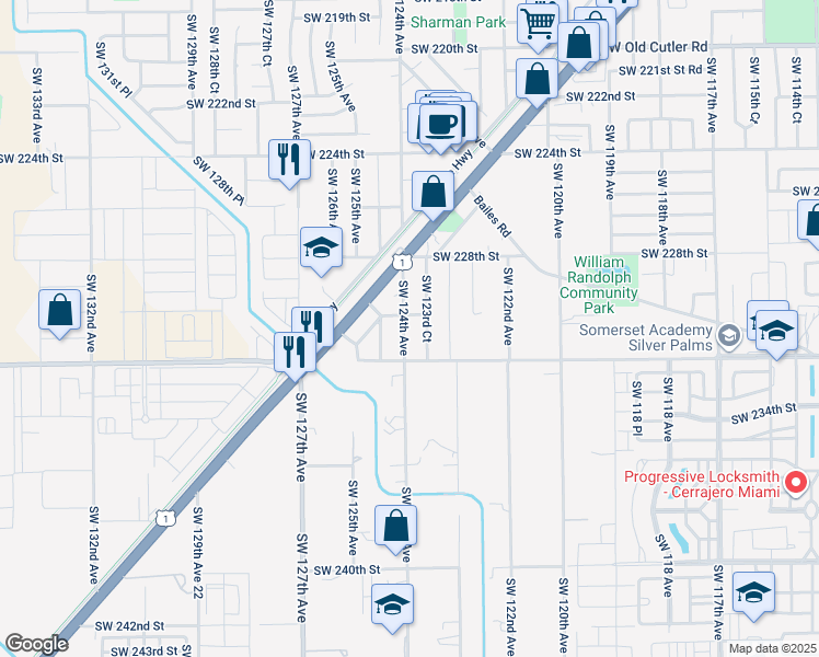 map of restaurants, bars, coffee shops, grocery stores, and more near 23005 Southwest 124th Avenue in Miami