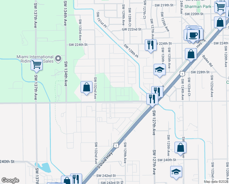 map of restaurants, bars, coffee shops, grocery stores, and more near 12895 Southwest 232nd Street in Goulds