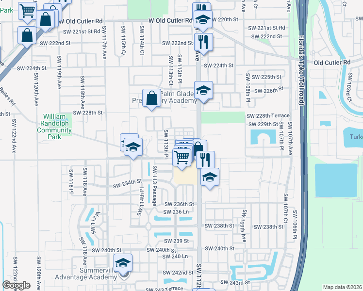 map of restaurants, bars, coffee shops, grocery stores, and more near 11237 Southwest 231st Lane in Miami