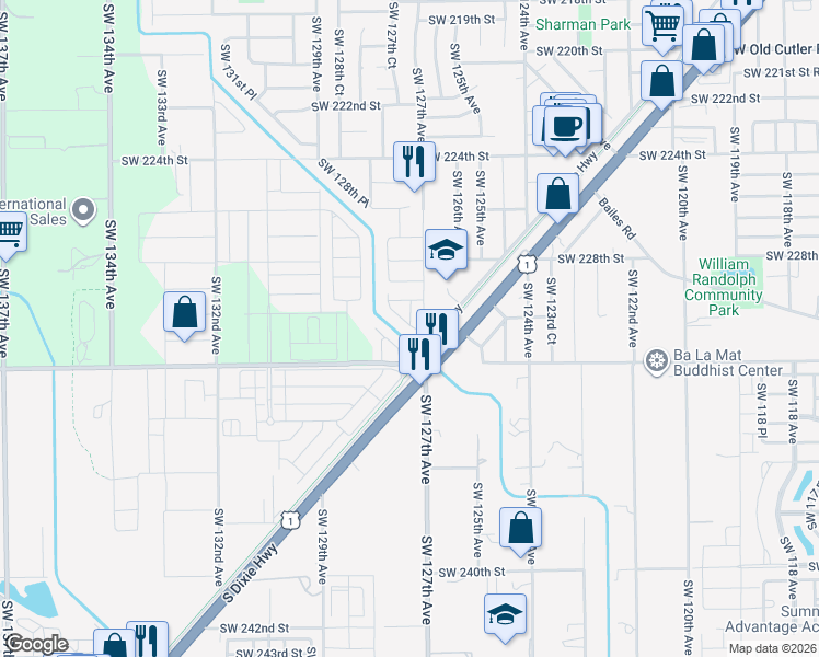 map of restaurants, bars, coffee shops, grocery stores, and more near 12724 Southwest 230th Street in Goulds