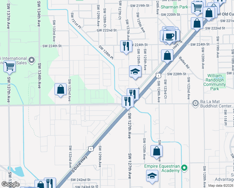 map of restaurants, bars, coffee shops, grocery stores, and more near 12761 Southwest 230th Terrace in Miami