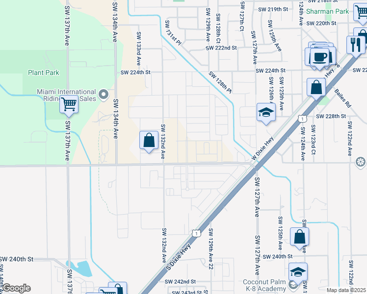 map of restaurants, bars, coffee shops, grocery stores, and more near 13005 Southwest 232nd Street in Goulds