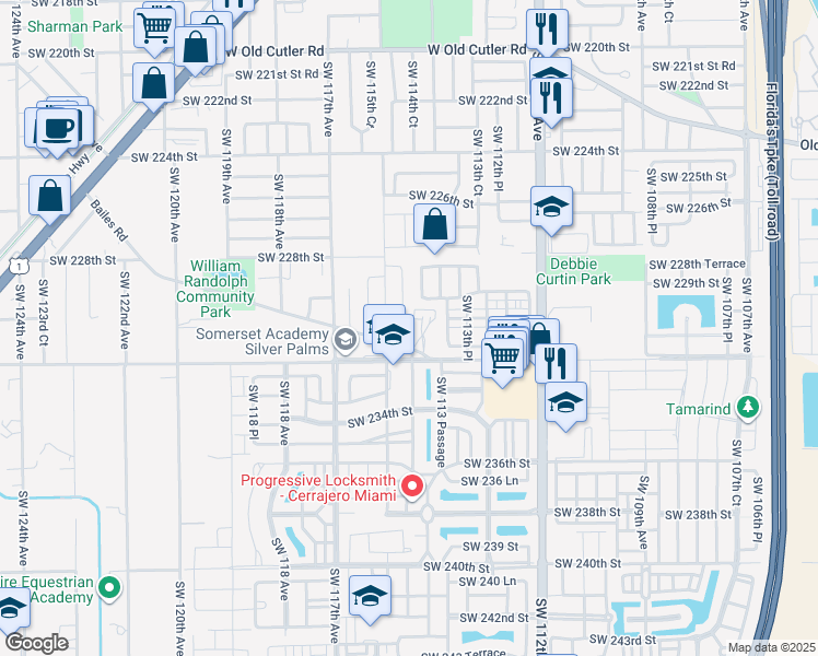 map of restaurants, bars, coffee shops, grocery stores, and more near 23121 Southwest 114th Path in Miami