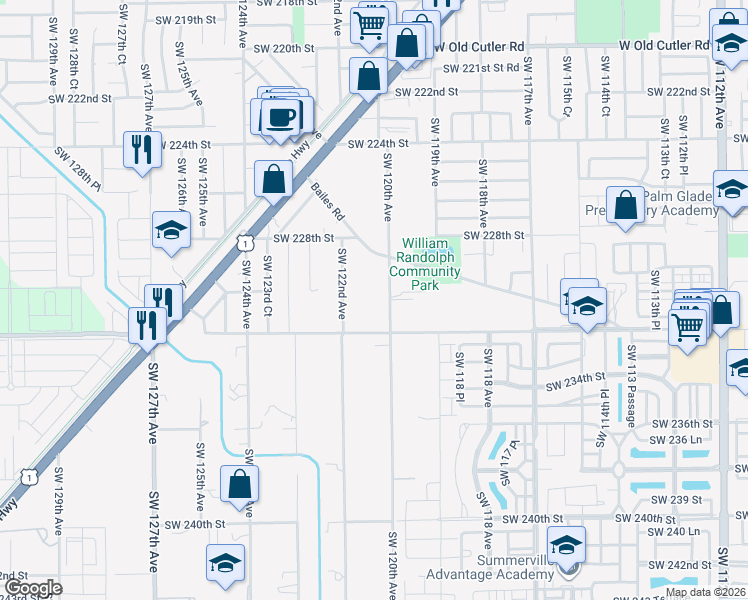 map of restaurants, bars, coffee shops, grocery stores, and more near 23005 Southwest 120th Avenue in Miami