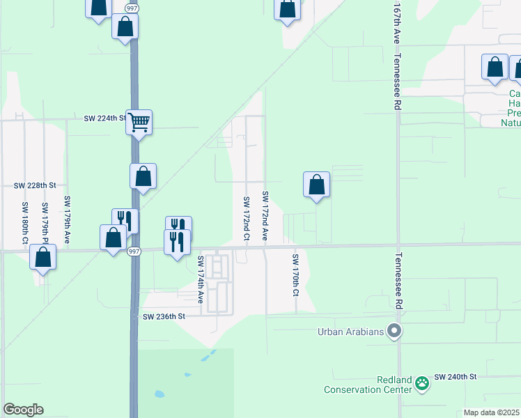 map of restaurants, bars, coffee shops, grocery stores, and more near 22950 Southwest 172nd Avenue in Miami