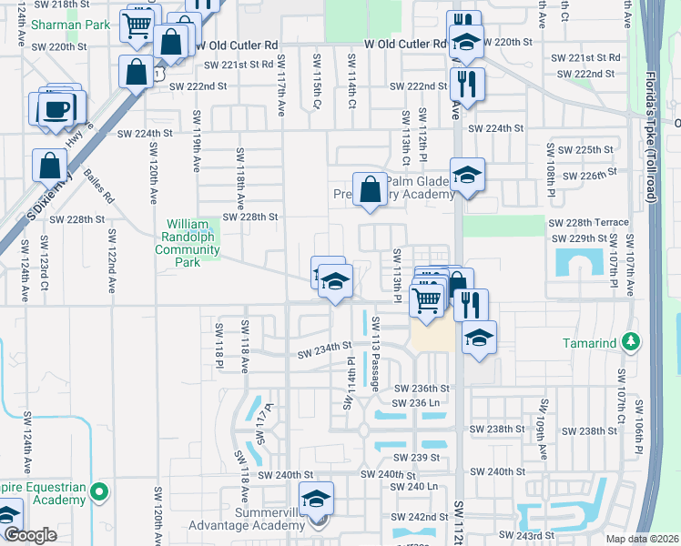map of restaurants, bars, coffee shops, grocery stores, and more near 23121 Southwest 114th Path in Miami