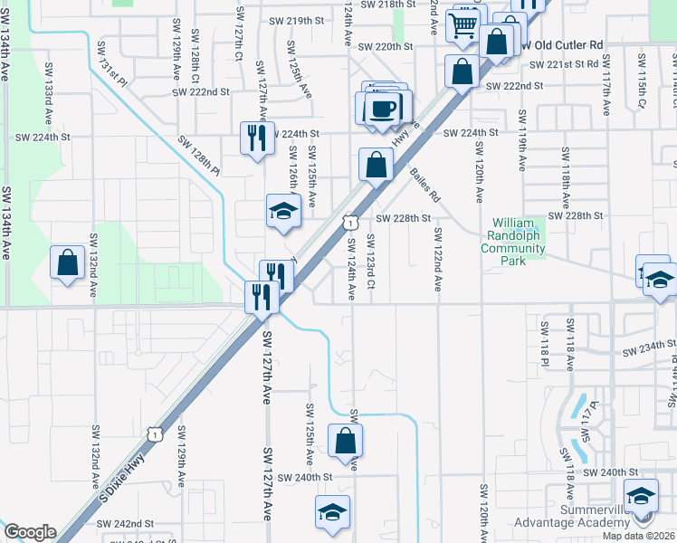 map of restaurants, bars, coffee shops, grocery stores, and more near 23005 Southwest 124th Avenue in Miami