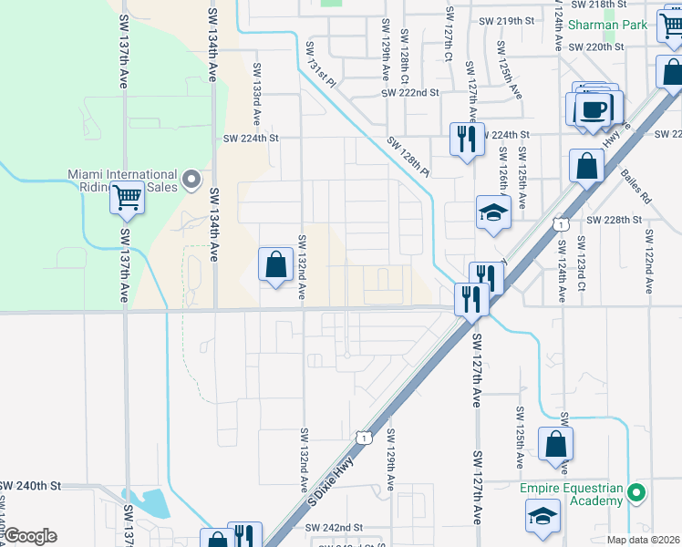 map of restaurants, bars, coffee shops, grocery stores, and more near 13005 Southwest 232nd Street in Goulds