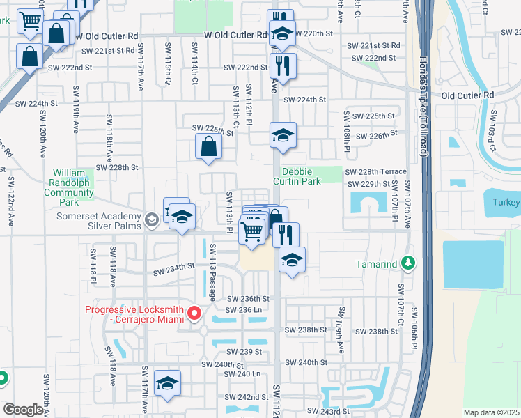 map of restaurants, bars, coffee shops, grocery stores, and more near 11237 Southwest 231st Lane in Miami