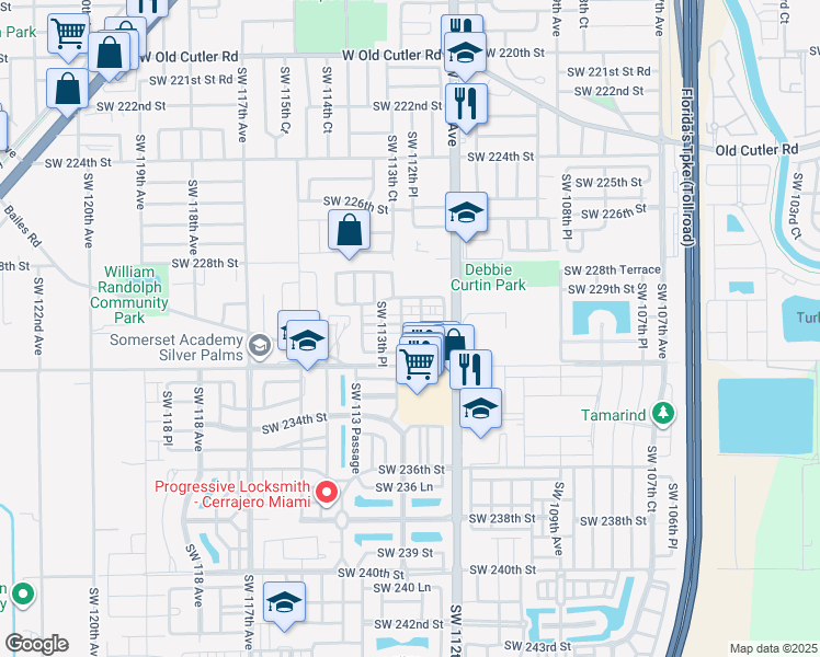 map of restaurants, bars, coffee shops, grocery stores, and more near 23108 Southwest 113th Avenue in Miami