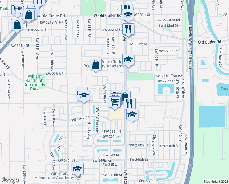 map of restaurants, bars, coffee shops, grocery stores, and more near 11237 Southwest 231st Lane in Miami