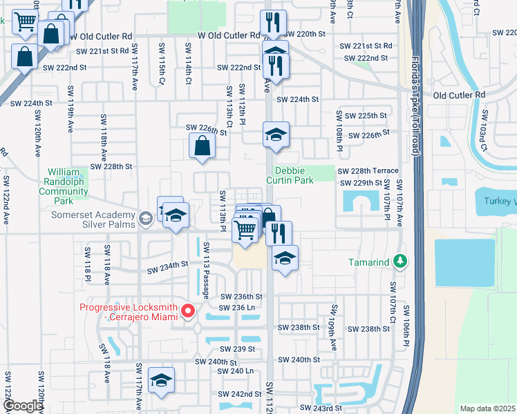 map of restaurants, bars, coffee shops, grocery stores, and more near 11237 Southwest 231st Lane in Miami