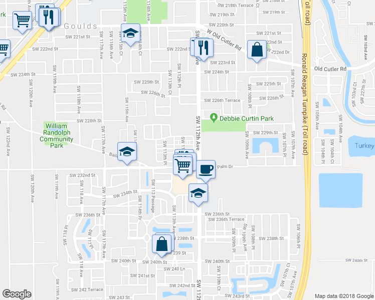 map of restaurants, bars, coffee shops, grocery stores, and more near 11237 Southwest 231st Lane in Miami