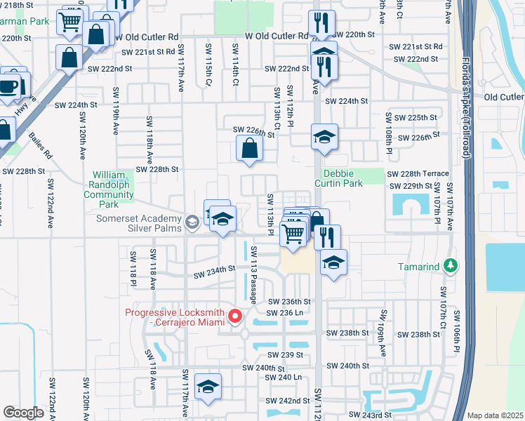 map of restaurants, bars, coffee shops, grocery stores, and more near 23100 Southwest 113 Passage in Miami