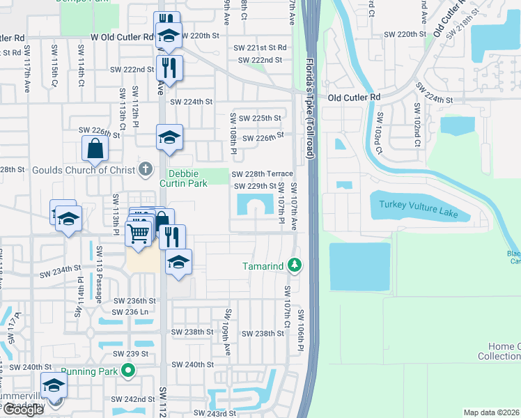map of restaurants, bars, coffee shops, grocery stores, and more near 10806 Southwest 231st Terrace in Miami