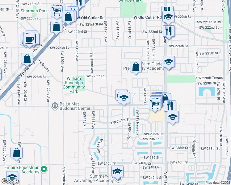 map of restaurants, bars, coffee shops, grocery stores, and more near 11560 Bailes Road in Miami