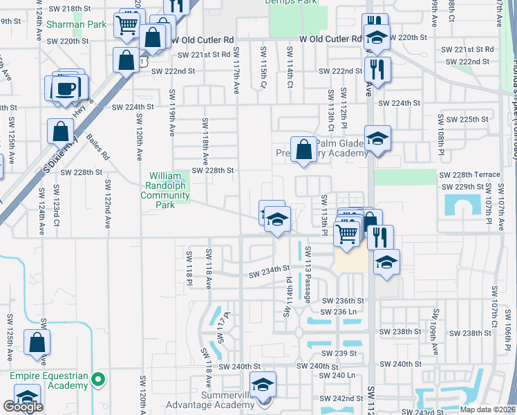 map of restaurants, bars, coffee shops, grocery stores, and more near 11560 Bailes Road in Miami