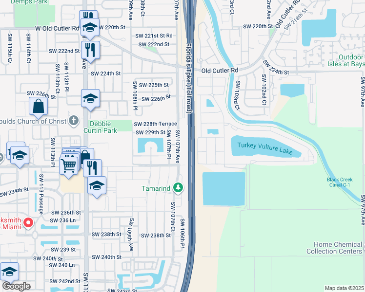 map of restaurants, bars, coffee shops, grocery stores, and more near 22942 Southwest 107th Avenue in Miami