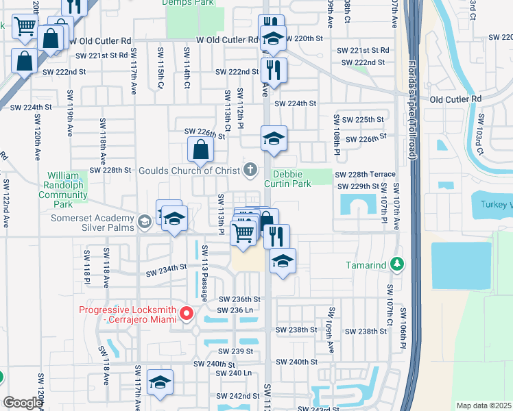 map of restaurants, bars, coffee shops, grocery stores, and more near 11238 Southwest 229th Terrace in Miami