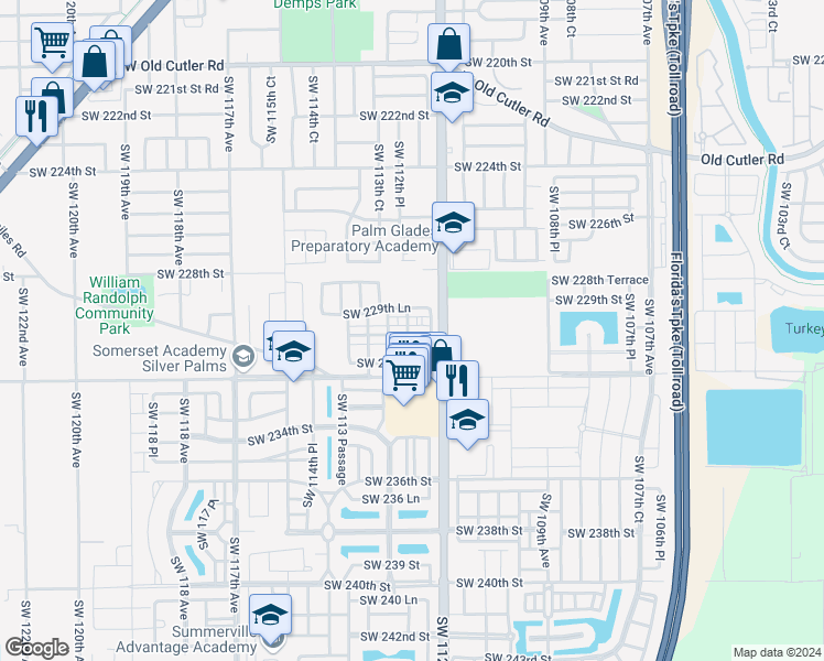 map of restaurants, bars, coffee shops, grocery stores, and more near 11238 Southwest 229th Terrace in Miami