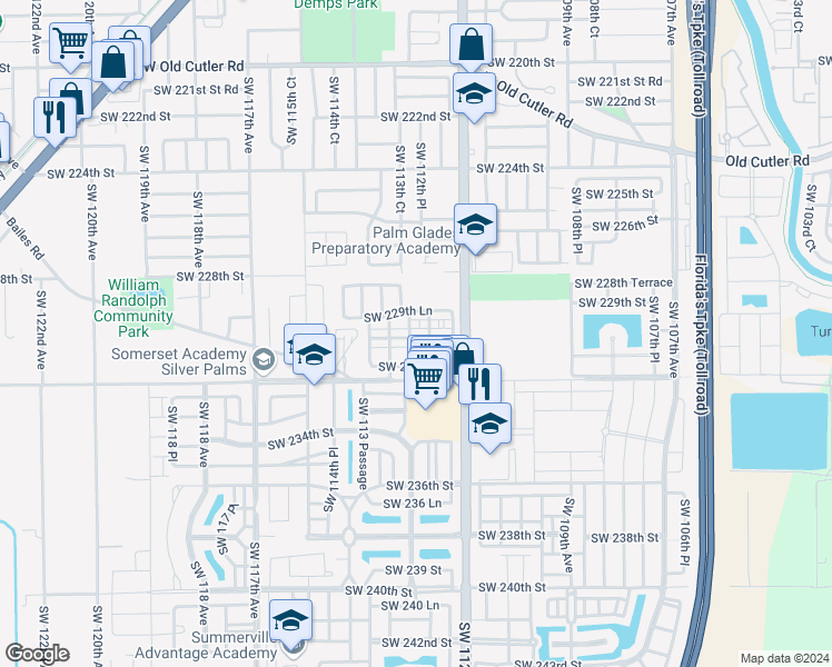 map of restaurants, bars, coffee shops, grocery stores, and more near 22924 Southwest 113th Avenue in Miami