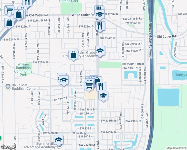 map of restaurants, bars, coffee shops, grocery stores, and more near 11238 Southwest 229th Terrace in Miami