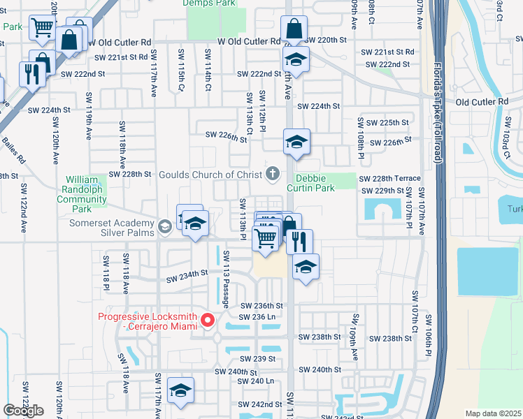 map of restaurants, bars, coffee shops, grocery stores, and more near 11275 Southwest 230th Terrace in Miami