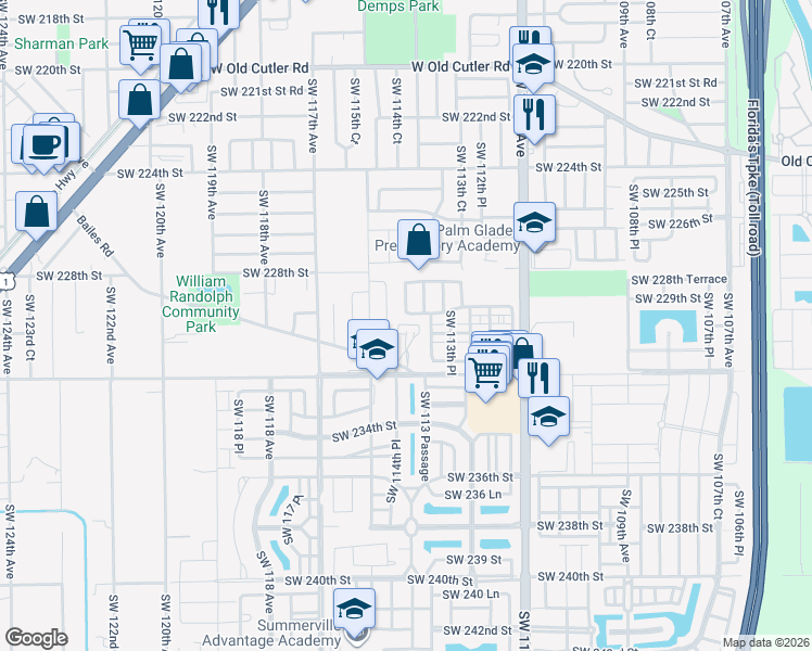 map of restaurants, bars, coffee shops, grocery stores, and more near 22921 Southwest 114th Path in Miami