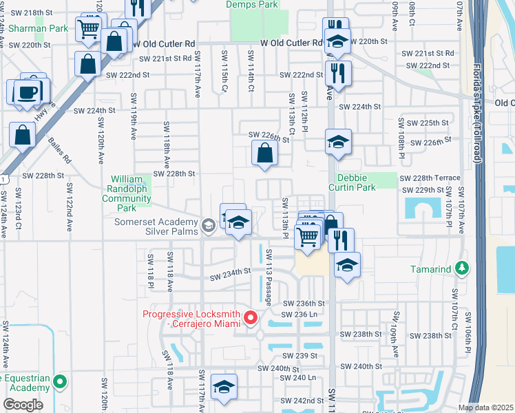 map of restaurants, bars, coffee shops, grocery stores, and more near 22921 Southwest 114th Path in Miami