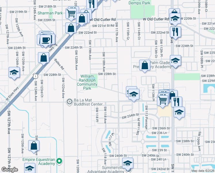 map of restaurants, bars, coffee shops, grocery stores, and more near 23099 Southwest 118th Avenue in Miami