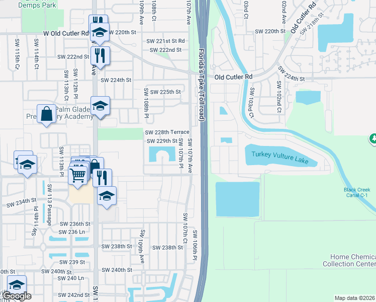 map of restaurants, bars, coffee shops, grocery stores, and more near 22942 Southwest 107th Avenue in Miami