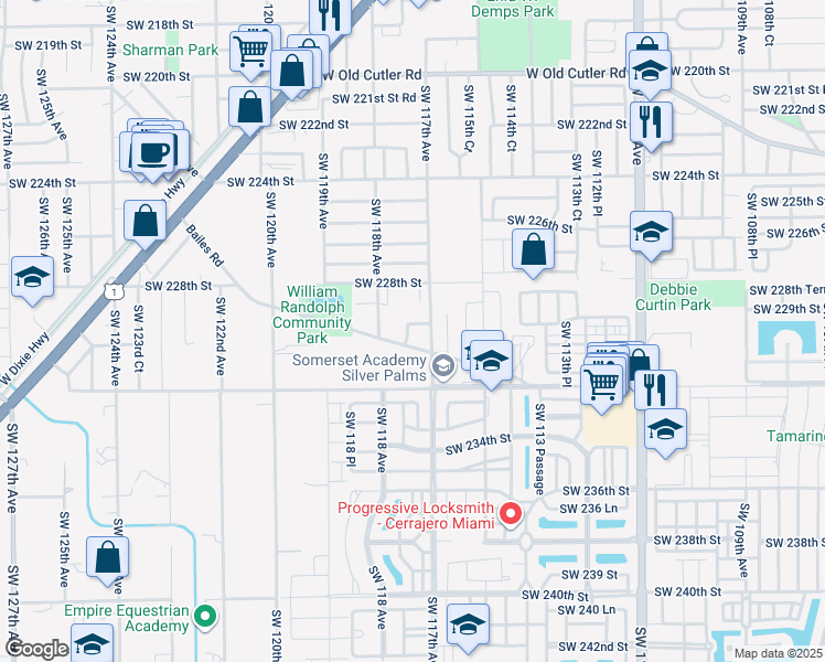 map of restaurants, bars, coffee shops, grocery stores, and more near 11715 Southwest 229th Terrace in Miami