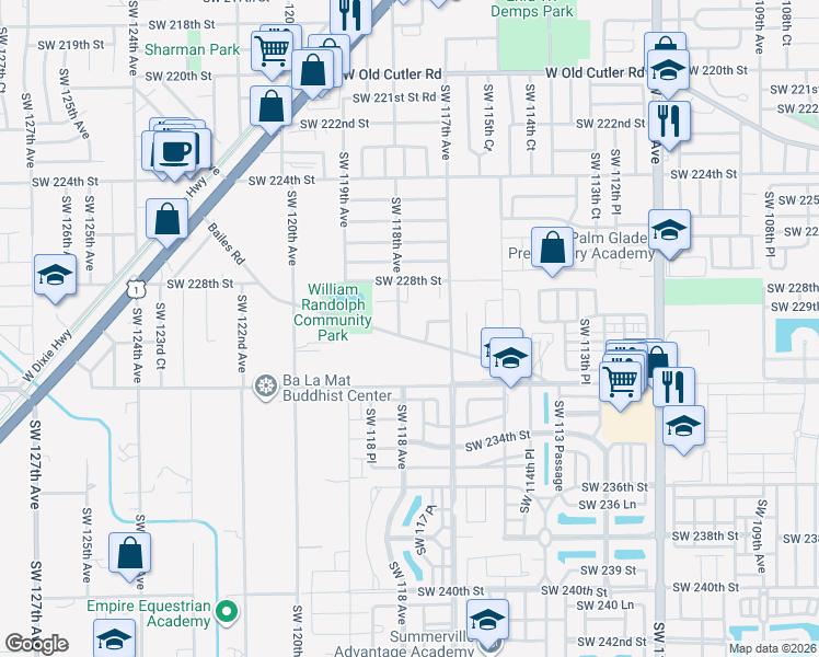 map of restaurants, bars, coffee shops, grocery stores, and more near 23099 Southwest 118th Avenue in Miami