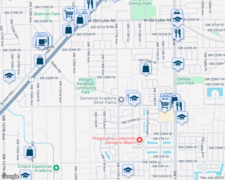 map of restaurants, bars, coffee shops, grocery stores, and more near 11715 Southwest 229th Terrace in Miami