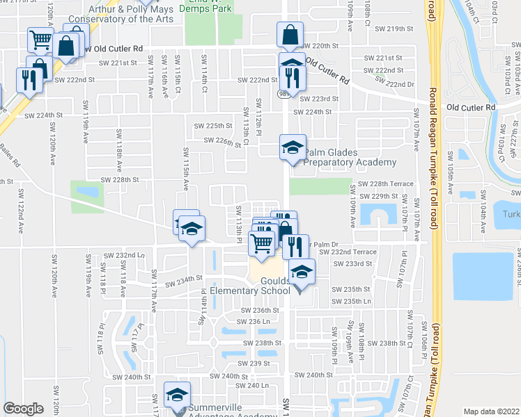 map of restaurants, bars, coffee shops, grocery stores, and more near 22946 Southwest 112th Place in Miami