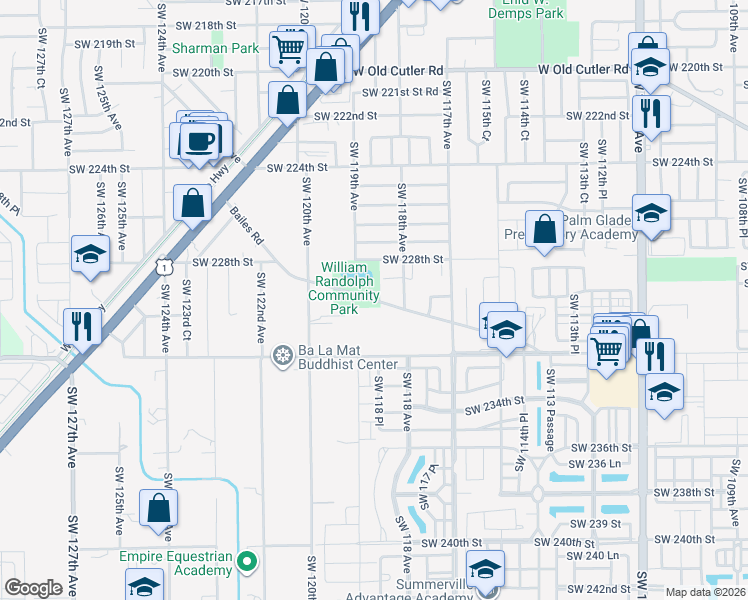 map of restaurants, bars, coffee shops, grocery stores, and more near 11856 Southwest 228th Street in Miami