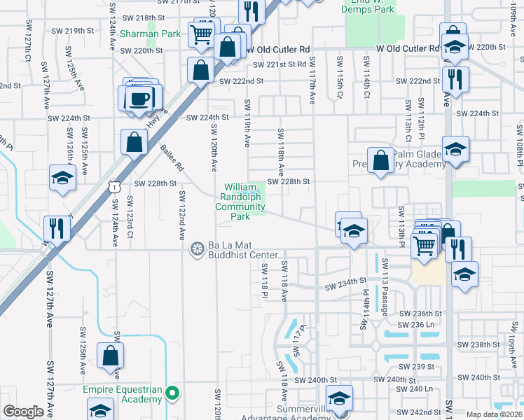 map of restaurants, bars, coffee shops, grocery stores, and more near 11856 Southwest 228th Street in Miami