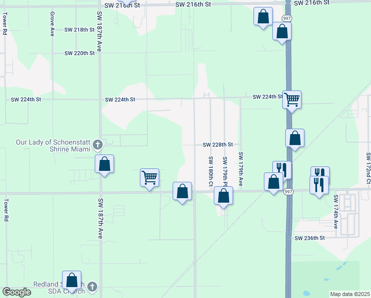 map of restaurants, bars, coffee shops, grocery stores, and more near 18280 Southwest 228th Street in Miami
