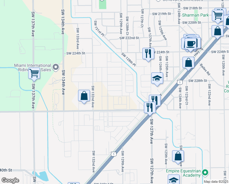 map of restaurants, bars, coffee shops, grocery stores, and more near Southwest 129th Avenue in Goulds