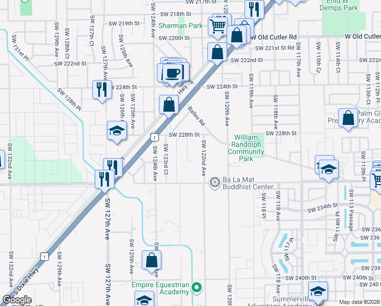 map of restaurants, bars, coffee shops, grocery stores, and more near 22935 Southwest 122nd Place in Goulds