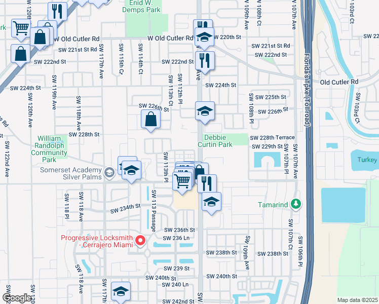 map of restaurants, bars, coffee shops, grocery stores, and more near 11238 Southwest 229th Terrace in Miami