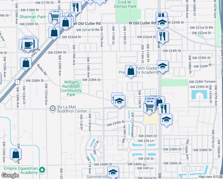 map of restaurants, bars, coffee shops, grocery stores, and more near 22912 Southwest 115th Court in Miami