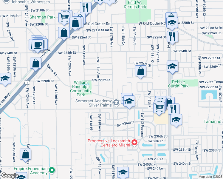 map of restaurants, bars, coffee shops, grocery stores, and more near 11715 Southwest 229th Terrace in Miami