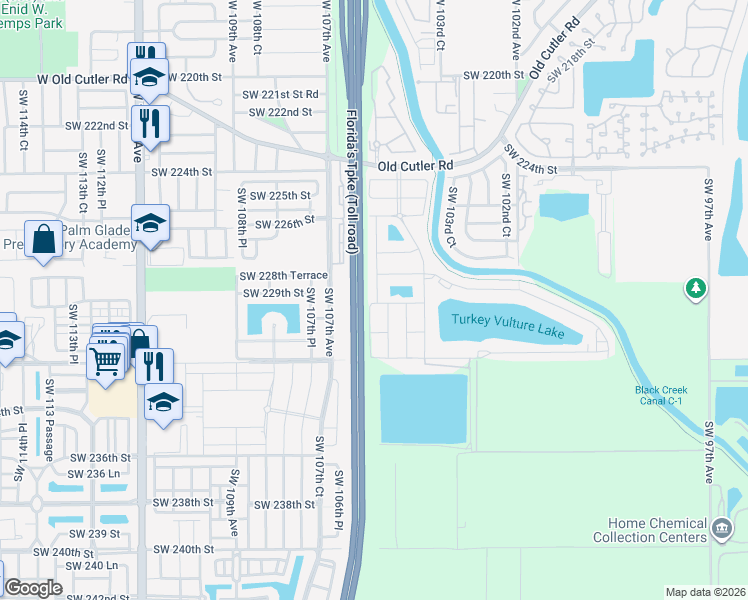 map of restaurants, bars, coffee shops, grocery stores, and more near 22960 Southwest 105th Avenue in Miami