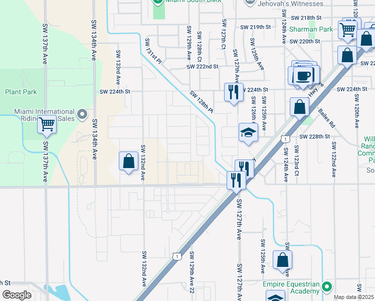 map of restaurants, bars, coffee shops, grocery stores, and more near Southwest 129th Avenue in Goulds
