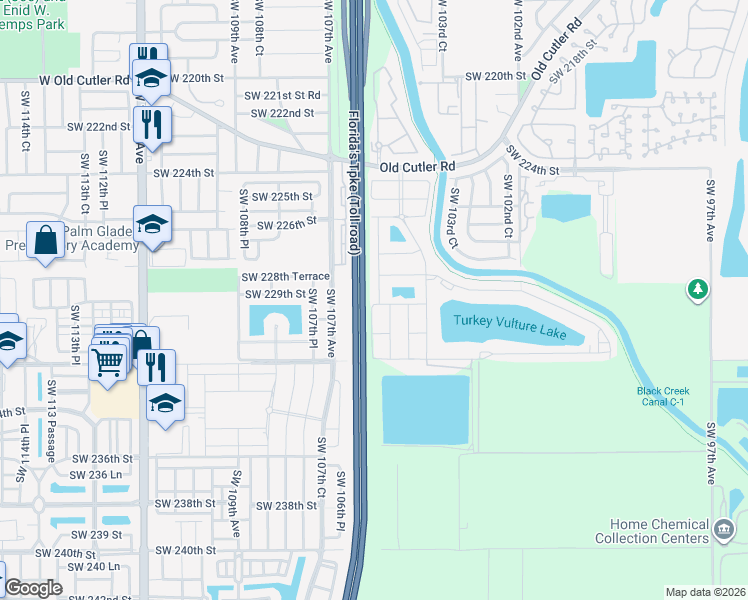map of restaurants, bars, coffee shops, grocery stores, and more near 22960 Southwest 105th Avenue in Miami