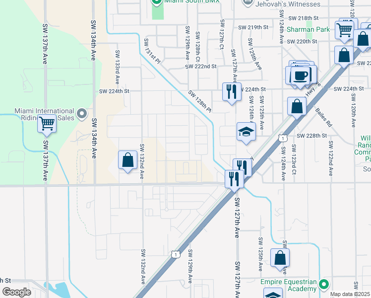 map of restaurants, bars, coffee shops, grocery stores, and more near Southwest 129th Avenue in Goulds
