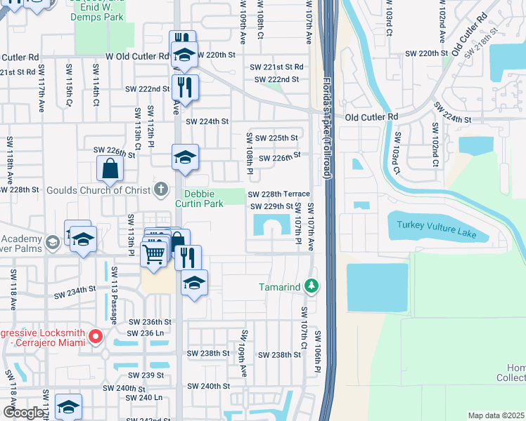 map of restaurants, bars, coffee shops, grocery stores, and more near 10864 Southwest 229th Street in Miami