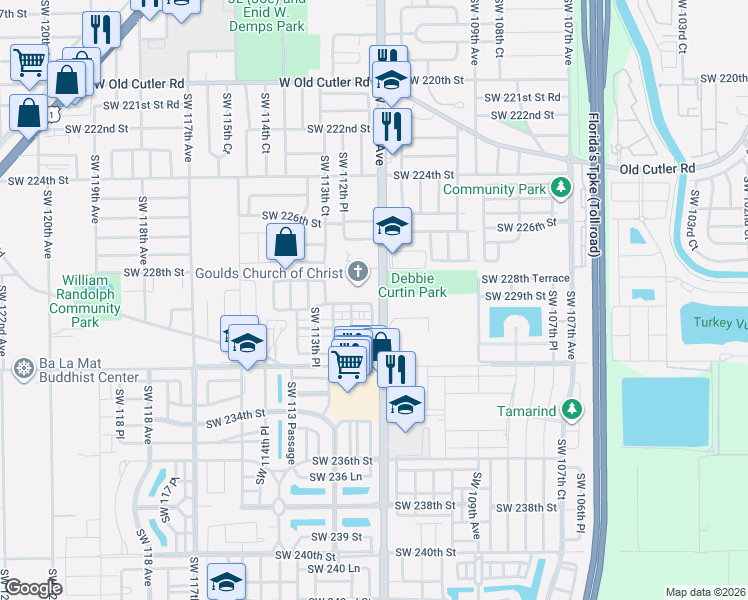 map of restaurants, bars, coffee shops, grocery stores, and more near 11238 Southwest 229th Lane in Miami