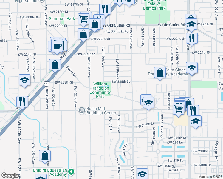 map of restaurants, bars, coffee shops, grocery stores, and more near 11856 Southwest 228th Street in Miami